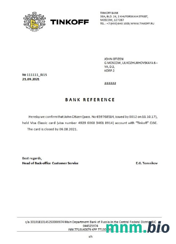 Russia Tinkoff closure reference usd in English